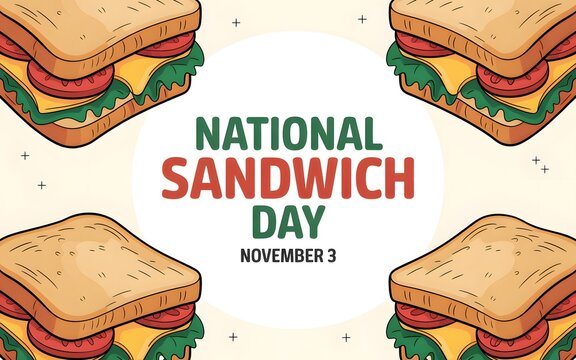 National sandwich day with four sandwiches in corners on beige background november