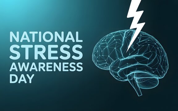 National stress awareness day with a digital wireframe human brain and lightning