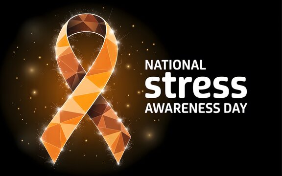 National stress awareness day with glowing orange polygonal ribbon on dark background