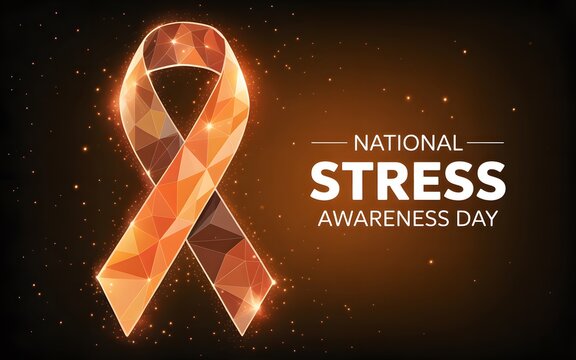 National stress awareness day with glowing orange polygonal ribbon on dark background