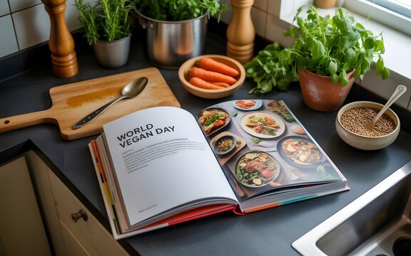 Open cookbook with vegan day recipe on a kitchen counter with fresh vegetables