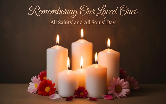 Remembering our loved ones all saints and all souls day memorial candles with flowers on wood table