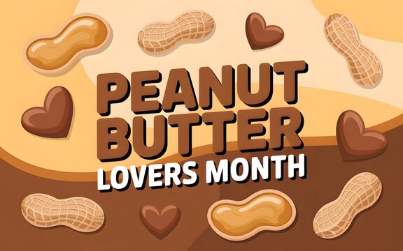 Peanut butter lovers month with peanuts and chocolate hearts on a brown background