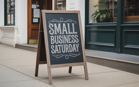 Small business saturday chalkboard sign on a sidewalk in front of a storefront display