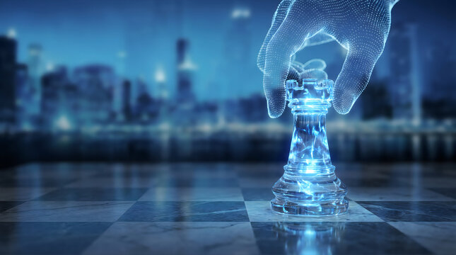Digital hand moving a glowing chess piece on a board with city background