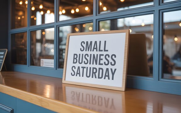 Small business saturday sign in a wooden frame on a countertop in a store window display
