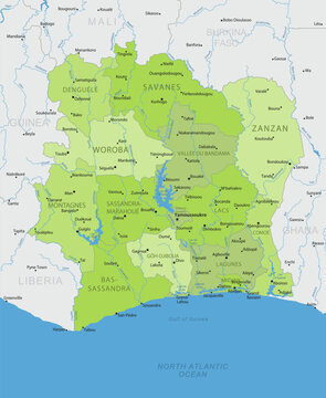Ivory Coast - Detailed, modern map of the country with cities, capitals, internal territorial boundaries, and major water features. Vector illustration.