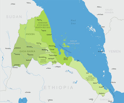 Eritrea - Detailed, modern map of the country with cities, capitals, internal territorial boundaries, and major water features. Vector illustration.