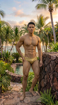 Handsome athletic male model standing near stone wall and palm trees during golden hour