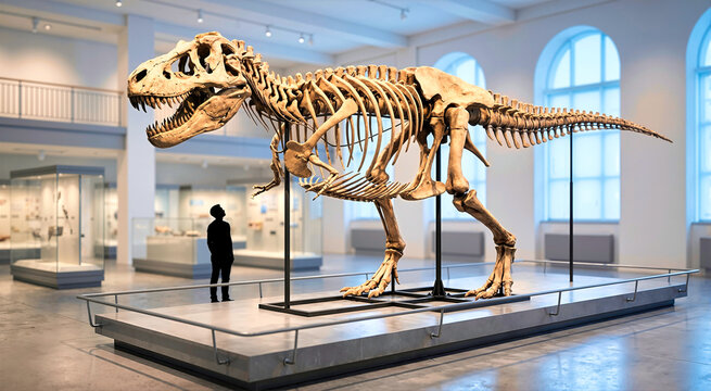 Ancient tyrannosaur skeleton on display in a spacious museum hall. Prehistoric ivory bone dinosaur fossil exhibit with a visitor looking up
