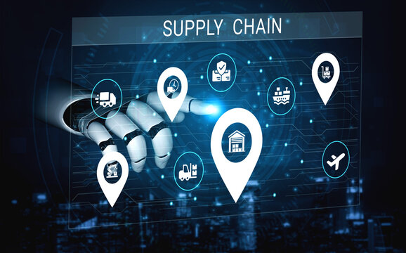 A futuristic robotic hand engages with supply chain icons, symbolizing advanced logistics and automated systems in the digital age. Perfect for technology and business concepts. Ledger