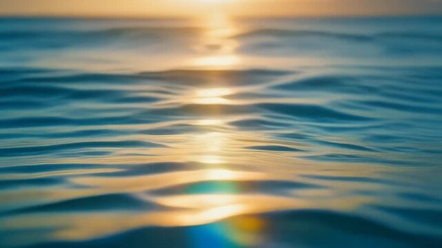 Cinematic Macro Shot of Gentle Water Ripples Reflecting Golden Sunrise Light with Rainbow Flare, Full HD Background