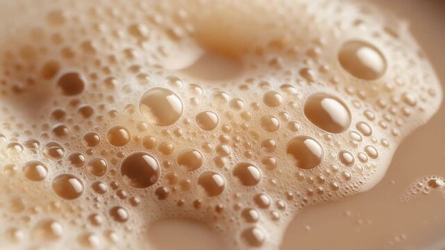 Macro Close-up Shot of Creamy Foam and Bubbles on Milk Tea Surface, Smooth Motion Background in Full HD