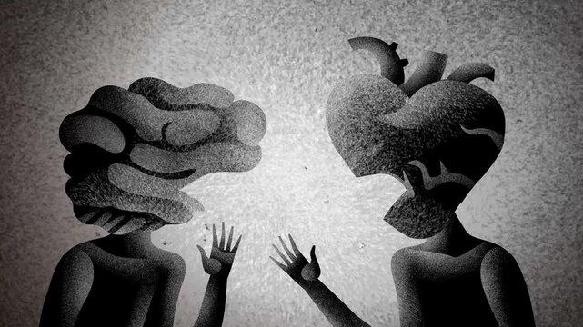 figures with brain and heart heads arguing with each other
