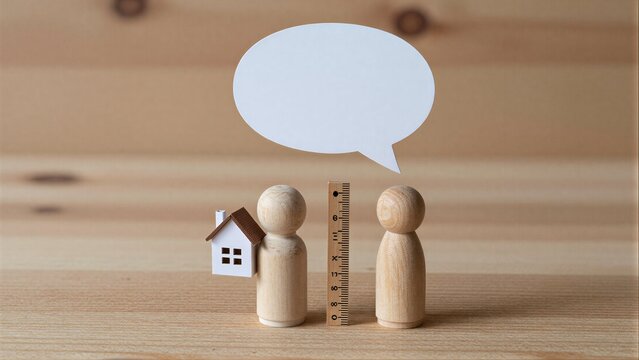 Two wooden figures stand with ruler and house, speech bubble above them.