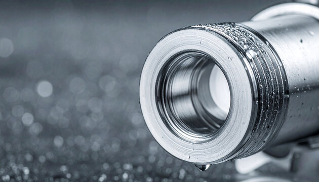 Metal Plumbing Fixture Close-up: A detailed macro shot of a shiny, metallic plumbing component, possibly a pipe fitting or valve, with water droplets clinging to its surface.