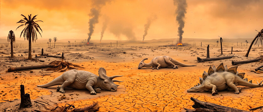 Lifeless dinosaurs on cracked orange ground after a disaster. Scorched prehistoric landscape with rising smoke columns. Extinction of species concept
