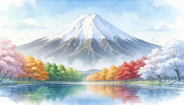 Mount Fuji Landscape with Four Seasons Trees and Lake Watercolor Illustration Generative AI