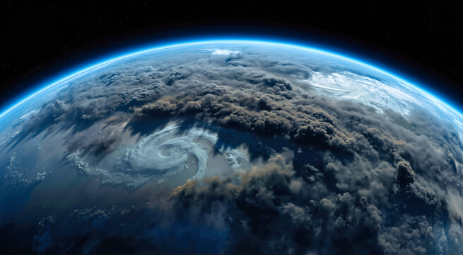 Earth from space covered in dark ash and soot clouds. Global impact winter with a massive cyclone and blue atmospheric rim