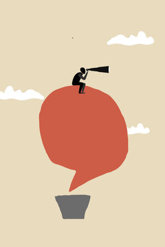 Businessman holding telescope on bubble chat balloon . concept of business vision, leadership, future, progress, strategy, motivation, ambition, and achievement