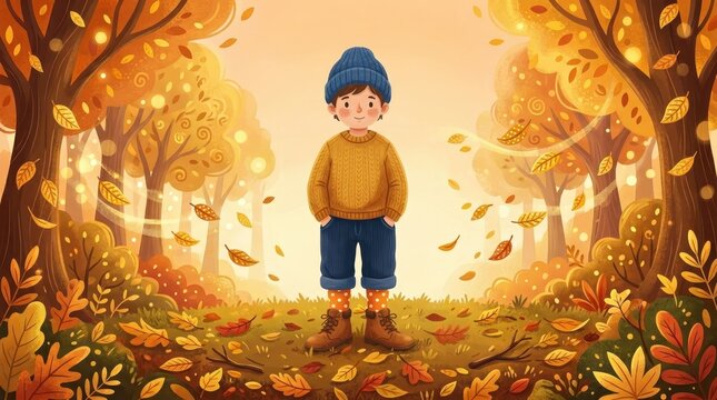 Autumn Childhood Wonder. Cute young boy standing in a vibrant golden forest, seasonal outdoor activity for children and family education.
