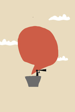 Businessman holding telescope on bubble chat balloon . concept of business vision, leadership, future, progress, strategy, motivation, ambition, and achievement