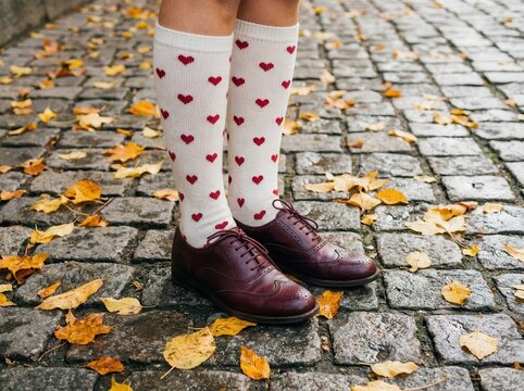 Person wearing heart pattern socks and burgundy leather brogues standing on a cobblestone street covered with fallen autumn leaves, seasonal fashion concept