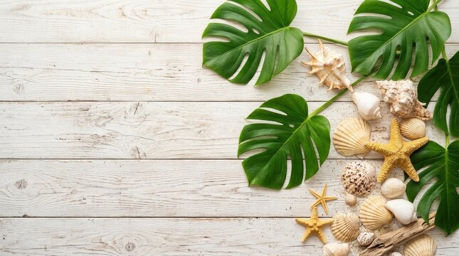 Tropical Summer Vacation. Monstera leaves and assorted seashells on weathered white wooden background, flat lay composition for travel and holiday background.