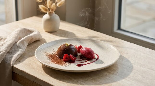 Gourmet Dessert. Chocolate dome with raspberry sorbet and gold leaf, fine dining restaurant plating, upscale culinary menu presentation.