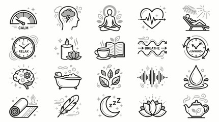 Obraz premium Minimalist wellness line icon set illustrating stress relief against plain background, highlighting meditation symbols and spa elements for mental balance and healthcare app design
