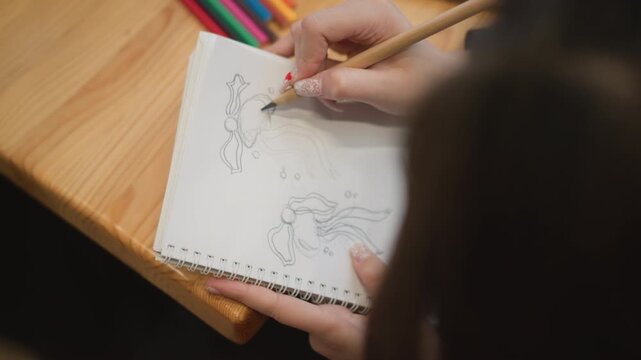 Close over shoulder view of person sketching character outlines in spiral notebook on lap, pencil making deliberate light strokes while colored pencils rest on wooden table beside hands and paper