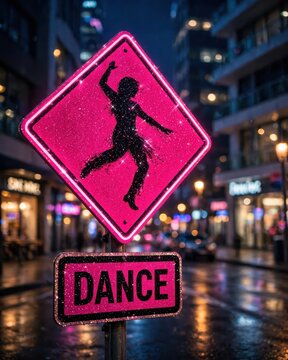 Neon pink dance sign with glittery silhouette on a city street at night, urban nightlife atmosphere for music events and nightlife lifestyle concepts