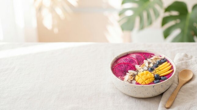 Dragon fruit smoothie bowl topped with fresh mango slices, blueberries, and coconut flakes on a linen tablecloth, healthy breakfast for wellness and nutrition