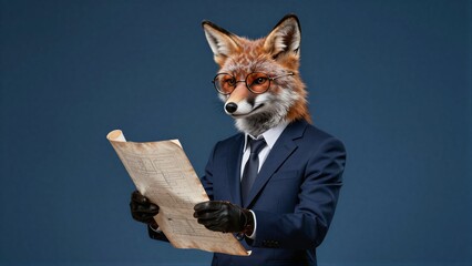 Fototapeta premium Fox in suit and glasses reads blueprint, professional demeanor against blue backdrop.