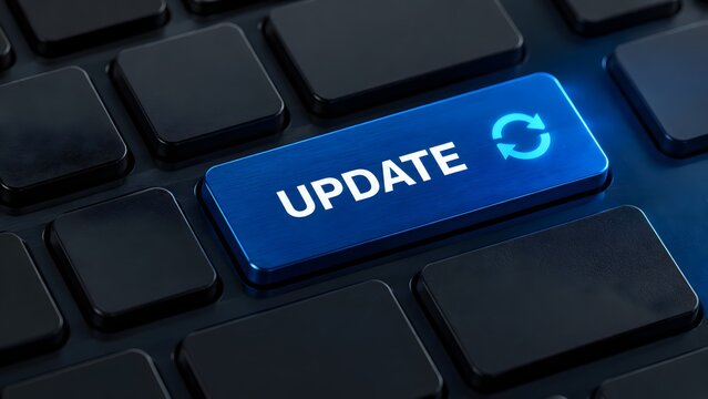 Computer keyboard with glowing blue update button representing software upgrade and digital system modernization