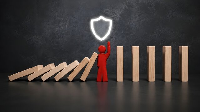 Red human figure stopping falling domino blocks with glowing shield icon representing business protection and crisis management