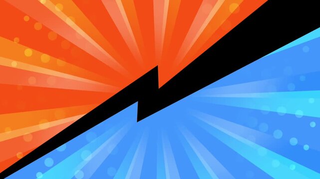 Abstract motion graphic background featuring a bold lightning bolt dividing two dynamic radial burst sections. 