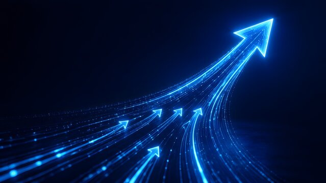 Glowing blue neon arrows converging upwards representing business growth speed and technology progress on dark background