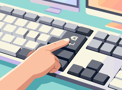 Vector illustration of a person's finger pressing the backspace or delete key on a modern computer keyboard. Clean flat design style workstation with computer monitors in background.