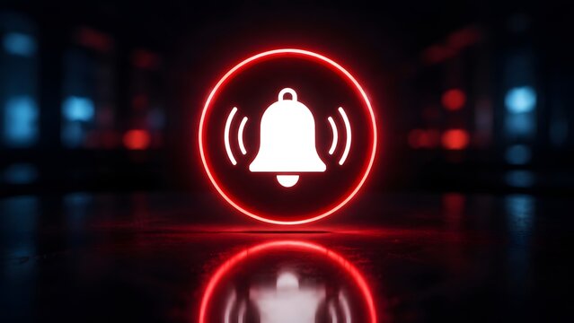 Glowing red neon bell ring icon representing notification alert and emergency warning on dark background