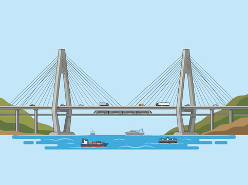Vector illustration of the Kap Shui Mun Bridge in Hong Kong, featuring a double-deck cable-stayed design with cars, trucks, a train, and cargo ships in the water under a clear sky.