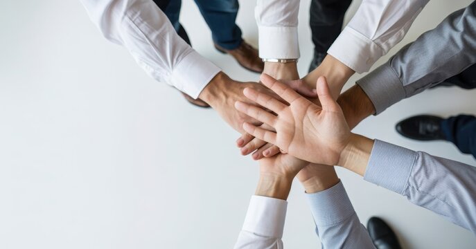 A top-down view of business team members stacking their hands together in unity and teamwork. This collaborative corporate concept illustrates partnership and success.