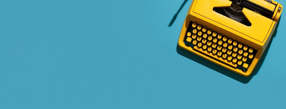 Typewriter in yellow vintage style on blue background for creative writing authors
