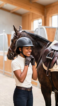 Smiling Black female equestrian adjusting her matte black helmet next to a dark brown horse. Happy woman rider with leather saddle in a stable