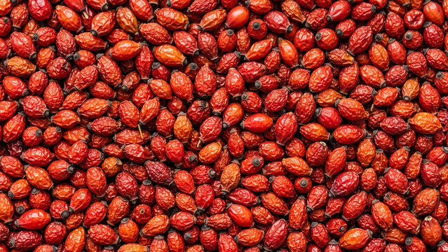 Pile of dried red rosehips, scattered full frame texture in vibrant orange red