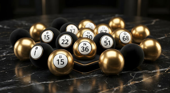 Luxury gold and black lottery balls on a dark marble table for gambling and casino concepts