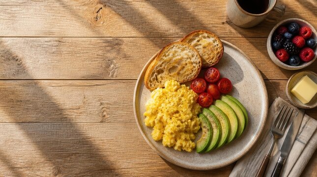 Wholesome Morning Meal: A perfectly prepared breakfast of scrambled eggs, avocado slices, and toasted bread, served with a side of fresh berries and butter.