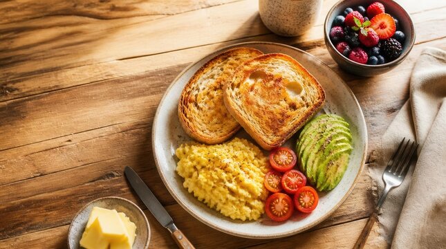 A Wholesome Start: A delicious and healthy breakfast plate featuring perfectly scrambled eggs, golden-brown toast, fresh avocado slices, and ripe cherry tomatoes.