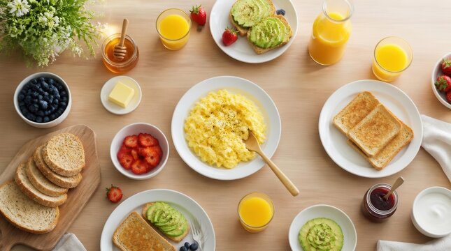 Abundant Breakfast Spread: A delightful and wholesome breakfast laid out on a table, featuring scrambled eggs, toast, avocado, berries, yogurt, and fresh juice.