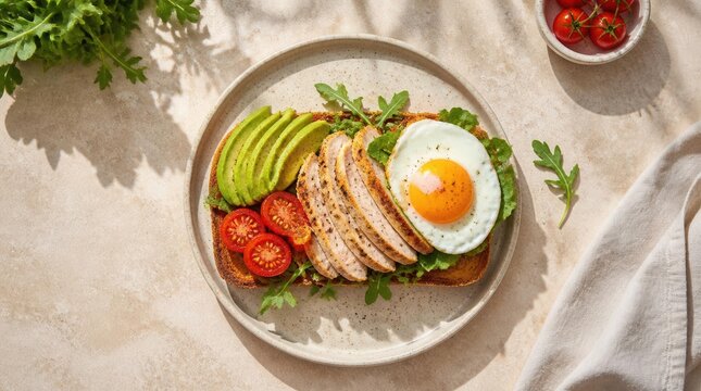 Hearty Breakfast Toast: A delicious and healthy breakfast toast topped with perfectly cooked fried egg, sliced grilled chicken breast, fresh avocado, and juicy cherry tomatoes.